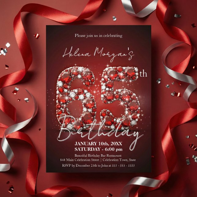Elegant Ruby Red & Silver Gemstone 65th Birthday Invitation (Creator Uploaded)