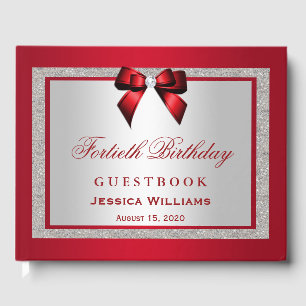 Elegant Ruby Red & Silver Glitter 40th Birthday Guest Book