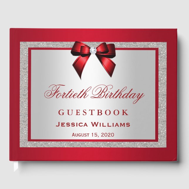 Elegant Ruby Red & Silver Glitter 40th Birthday Guest Book (Front)