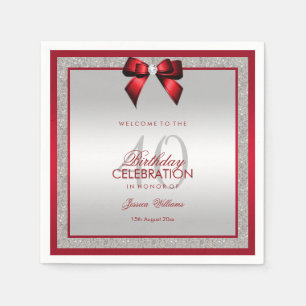 Elegant Ruby Red & Silver Glitter 40th Birthday Napkin