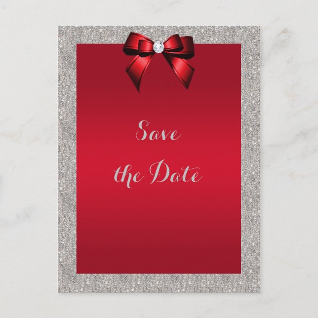 Elegant Ruby Red, Silver Glitter Save The Date Postcard (Front)