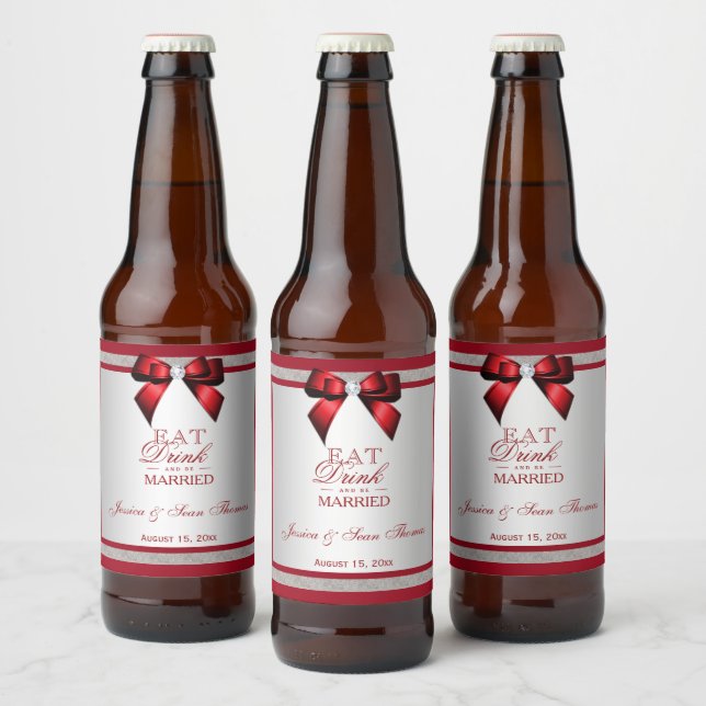 Elegant Ruby Red & Silver Glitter Wedding Beer Bottle Label (Bottles)
