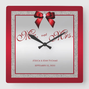 Elegant Ruby Red & Silver Glitter Wedding Day Square Wall Clock
