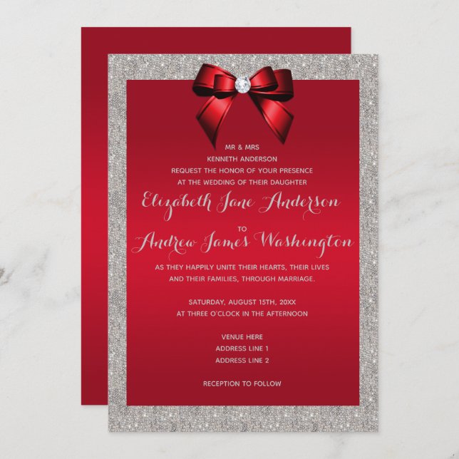 Elegant Ruby Red & Silver Glitter Wedding Invitation (Front/Back)