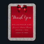 Elegant Ruby Red, Silver Glitter Wedding Magnet<br><div class="desc">Elegant sparkly Wedding Favour Thank You Magnet with a classy romantic red bow and a pretty shiny silver glitter. All text is fully customisable to meet your requirements. If you need help to customise your product or would like matching products please contact me through my store and i will be...</div>