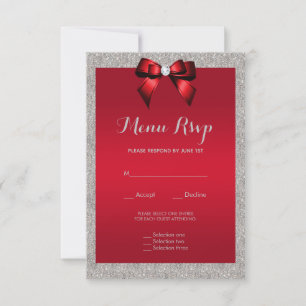 Elegant Ruby Red, Silver Glitter Wedding Menu RSVP
