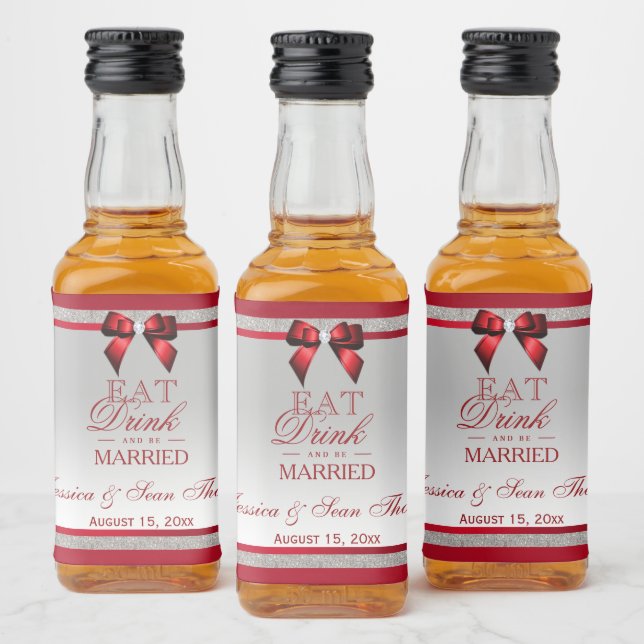 Elegant Ruby Red & Silver Glitter Wedding Mini Liquor Bottle Label (Bottles)
