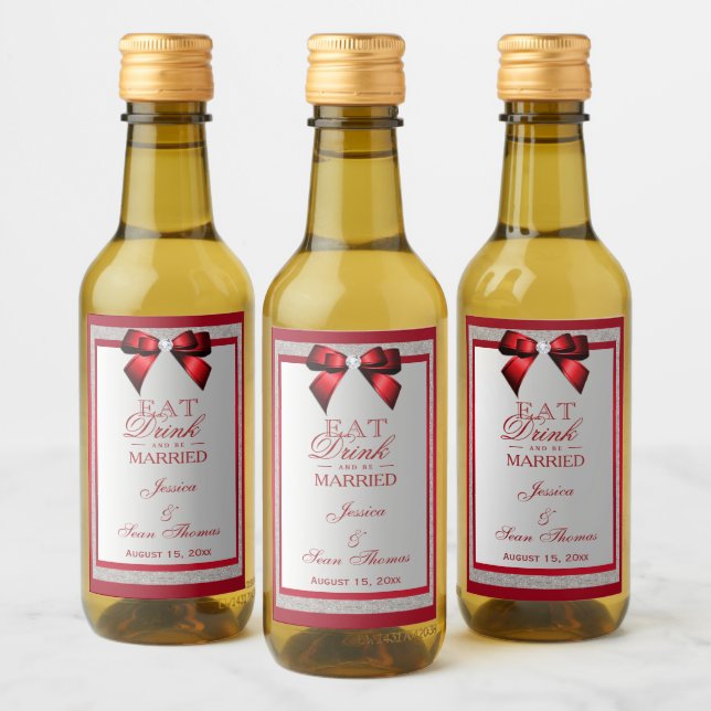 Elegant Ruby Red & Silver Glitter Wedding Mini Wine Label (Bottles)