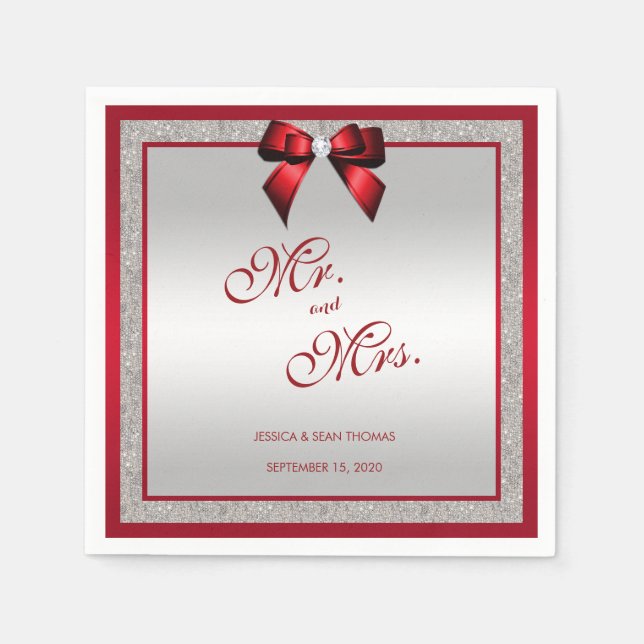Elegant Ruby Red & Silver Glitter Wedding Napkin (Front)