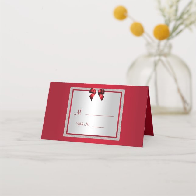 Elegant Ruby Red & Silver Glitter Wedding Place Card (Front)