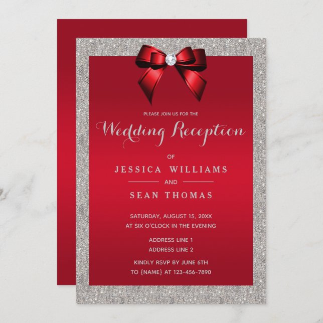 Elegant Ruby Red, Silver Glitter Wedding Reception Invitation (Front/Back)