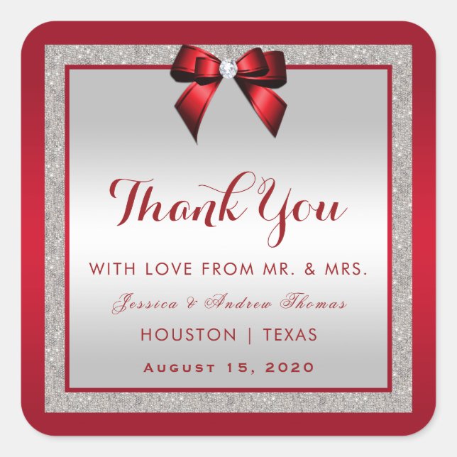 Elegant Ruby Red & Silver Glitter Wedding Square Sticker (Front)