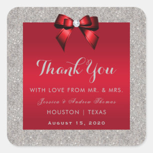 Elegant Ruby Red, Silver Glitter Wedding Square Sticker