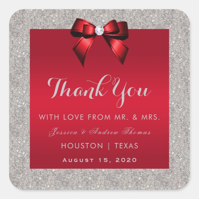 Elegant Ruby Red, Silver Glitter Wedding Square Sticker (Front)