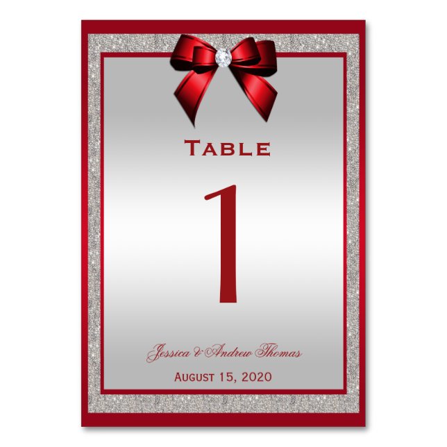 Elegant Ruby Red & Silver Glitter Wedding Table Number (Front)