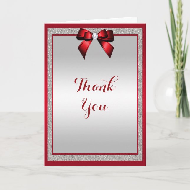 Elegant Ruby Red & Silver Glitter Wedding Thank You Card (Front)