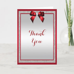 Elegant Ruby Red & Silver Glitter Wedding Thank You Card