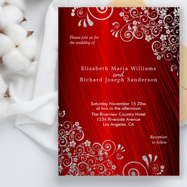 Elegant Ruby Red Silver Grey Swirls Wedding Invitation (Creator Uploaded)