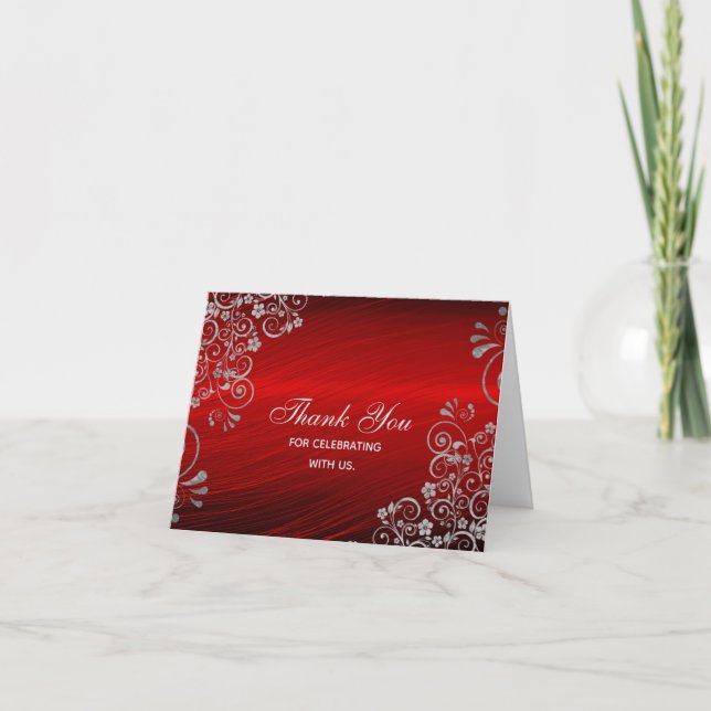 Elegant Ruby Red silver Swirls Wedding Thank You Card (Front)