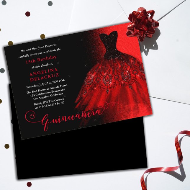 Elegant Ruby Red Spanish Gown Quinceañera  Invitation (Creator Uploaded)