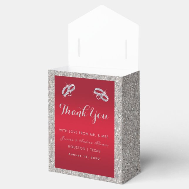 Elegant Ruby Red & Sparkly Silver Rings Wedding Favour Box (Opened)