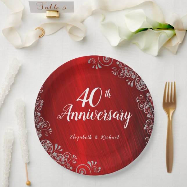 Elegant Ruby Red Swirl 40th Anniversary  Paper Plate (Wedding)