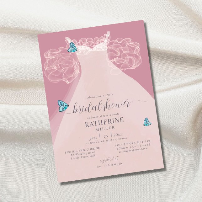 Elegant Ruffle Dress Blue Butterfly Bridal Shower Invitation (Creator Uploaded)