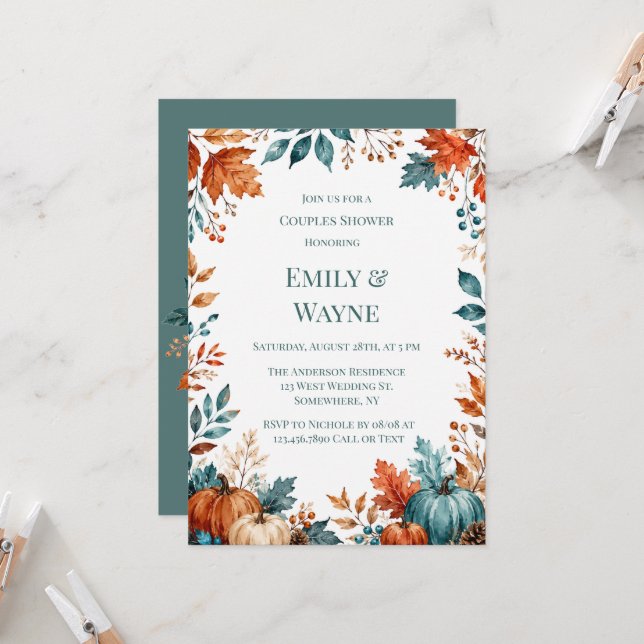 Elegant Rust and Teal Pumpkin Couples Shower Invitation (Front/Back In Situ)