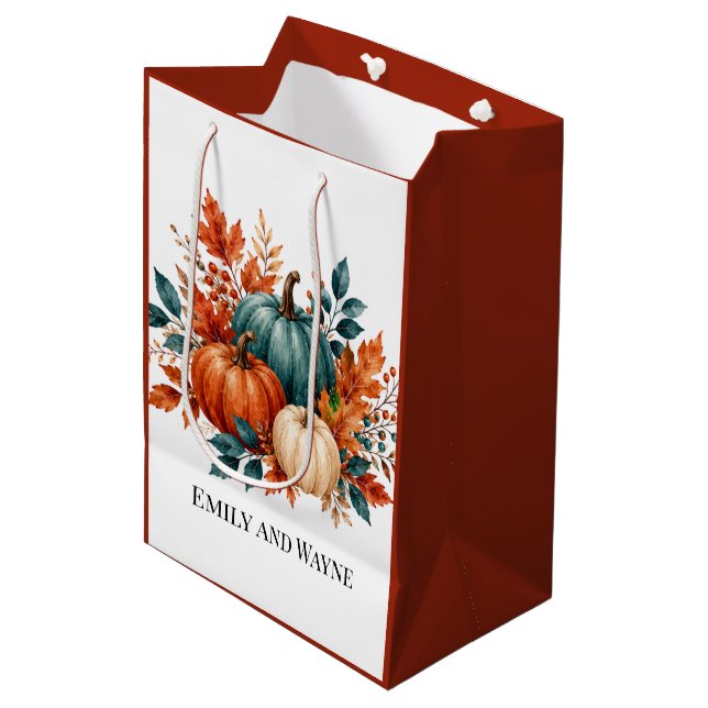 Elegant Rust and Teal Pumpkin Wedding Names  Medium Gift Bag (Front Angled)