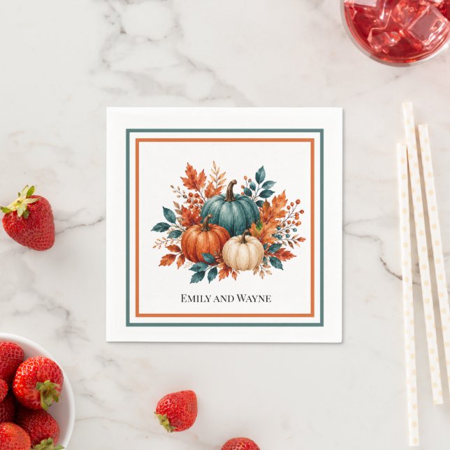 Elegant Rust and Teal Pumpkin Wedding Napkin (Insitu)