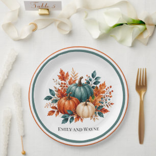 Elegant Rust and Teal Pumpkin Wedding Paper Plate