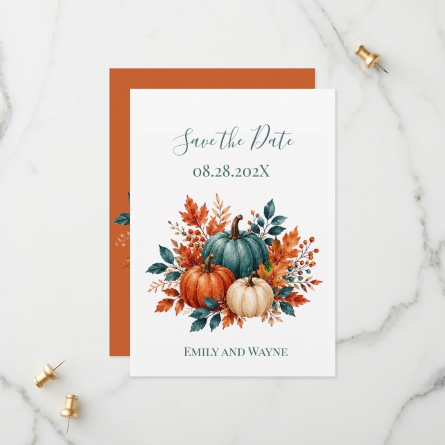 Elegant Rust and Teal Pumpkin Wedding Save The Date (Front/Back In Situ)