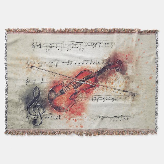 Elegant Rust Black Cream Watercolor Violin Throw Blanket (Front)