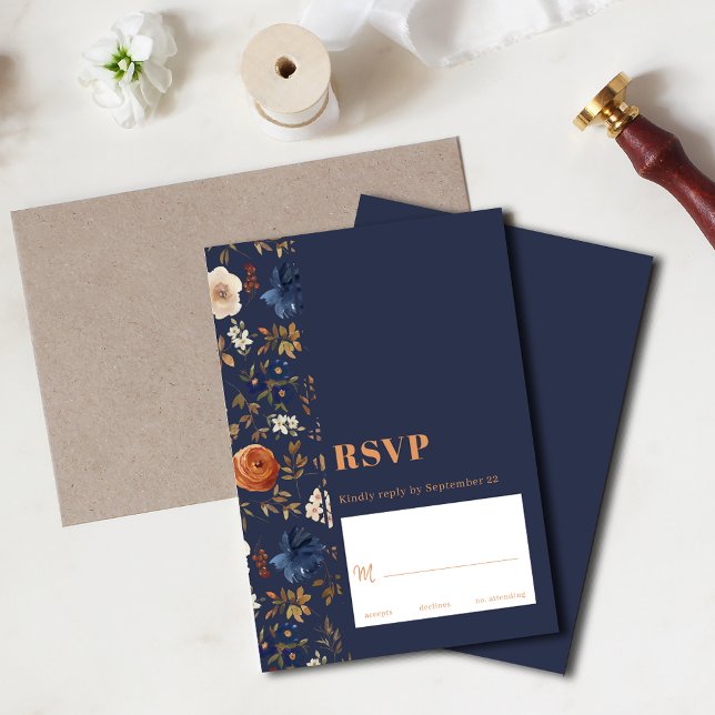 Elegant Rust Blue Dark Boho Floral Wedding RSVP Card (Creator Uploaded)