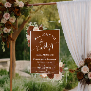 Elegant Rust Orange Boho Roses Wedding Welcome Acrylic Sign