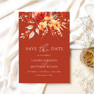 Elegant Rust Orange Boho Watercolor Floral Wedding Save The Date