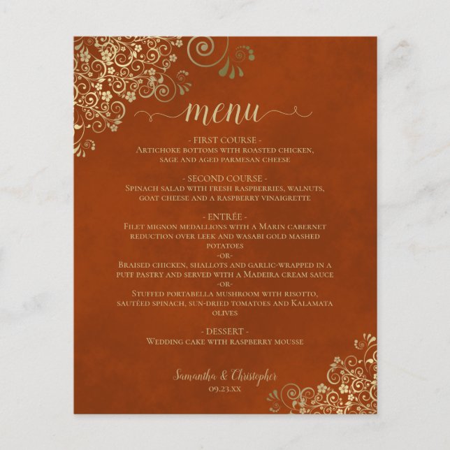 Elegant Rust Orange & Gold Budget Wedding Menu (Front)