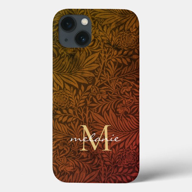 Elegant Rust Orange Gold Floral Script Monogram Case-Mate iPhone Case (Back)