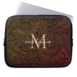 Elegant Rust Orange Gold Floral Script Monogram Laptop Sleeve