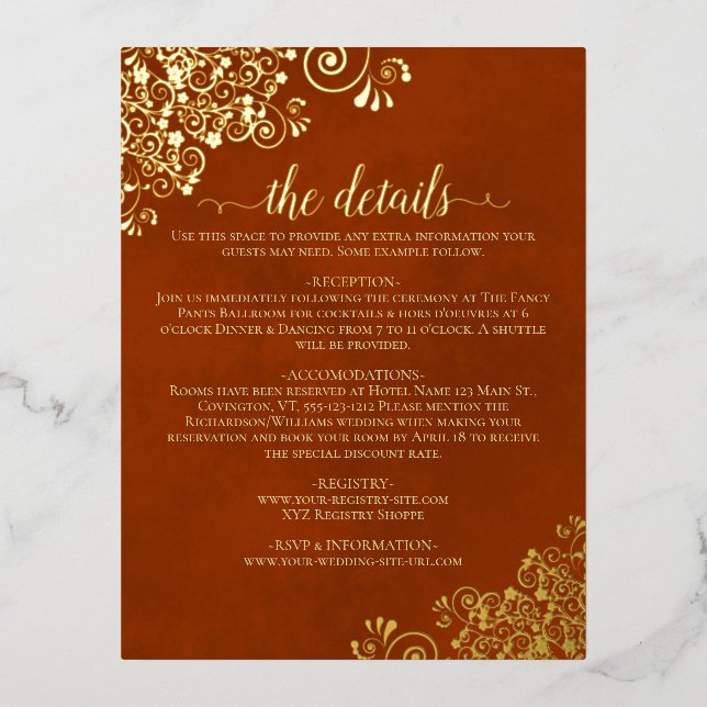 Elegant Rust Orange Gold Foil Wedding Details Card (Front)