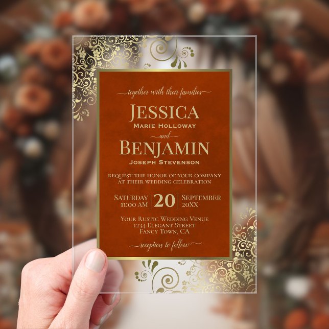 Elegant Rust Orange & Gold Stylish Text Wedding Acrylic Invitations (Creator Uploaded)