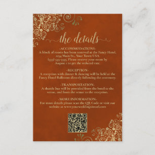 Elegant Rust Orange & Gold Wedding QR Code Details Enclosure Card