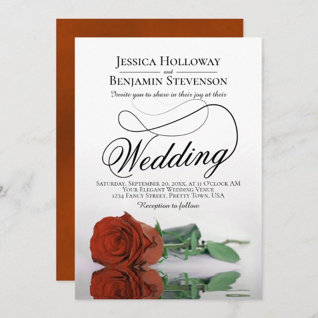 Elegant Rust Orange Rose Classy Script Wedding Invitation (Front/Back)