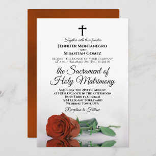 Elegant Rust Orange Rose Modern Catholic Wedding Invitation