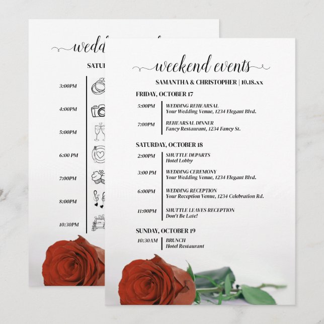 Elegant Rust Orange Rose Wedding Events & Timeline Program (Front/Back)