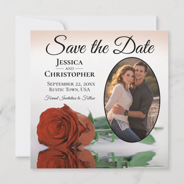 Elegant Rust Orange Rose with Oval Photo Wedding Save The Date (Front)