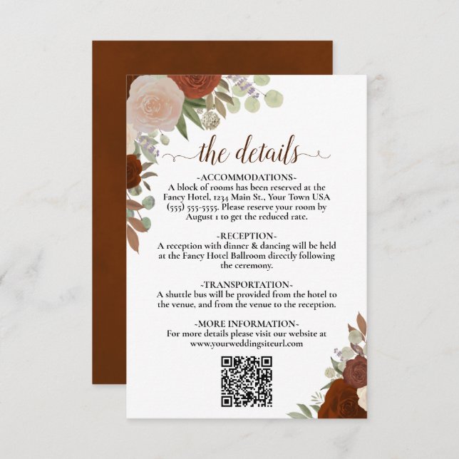 Elegant Rust Orange Roses Wedding Details QR Code Enclosure Card (Front/Back)