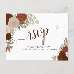 Elegant Rust Orange Watercolor Roses Wedding RSVP Postcard