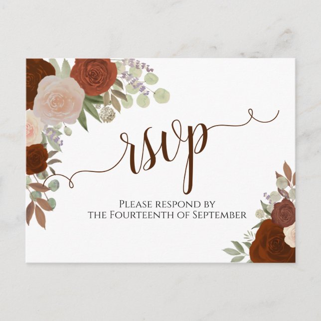 Elegant Rust Orange Watercolor Roses Wedding RSVP Postcard (Front)