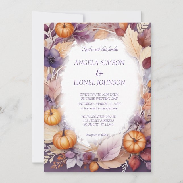 Elegant Rust Pumpkin Purple Flowers Wedding Invitation (Front)